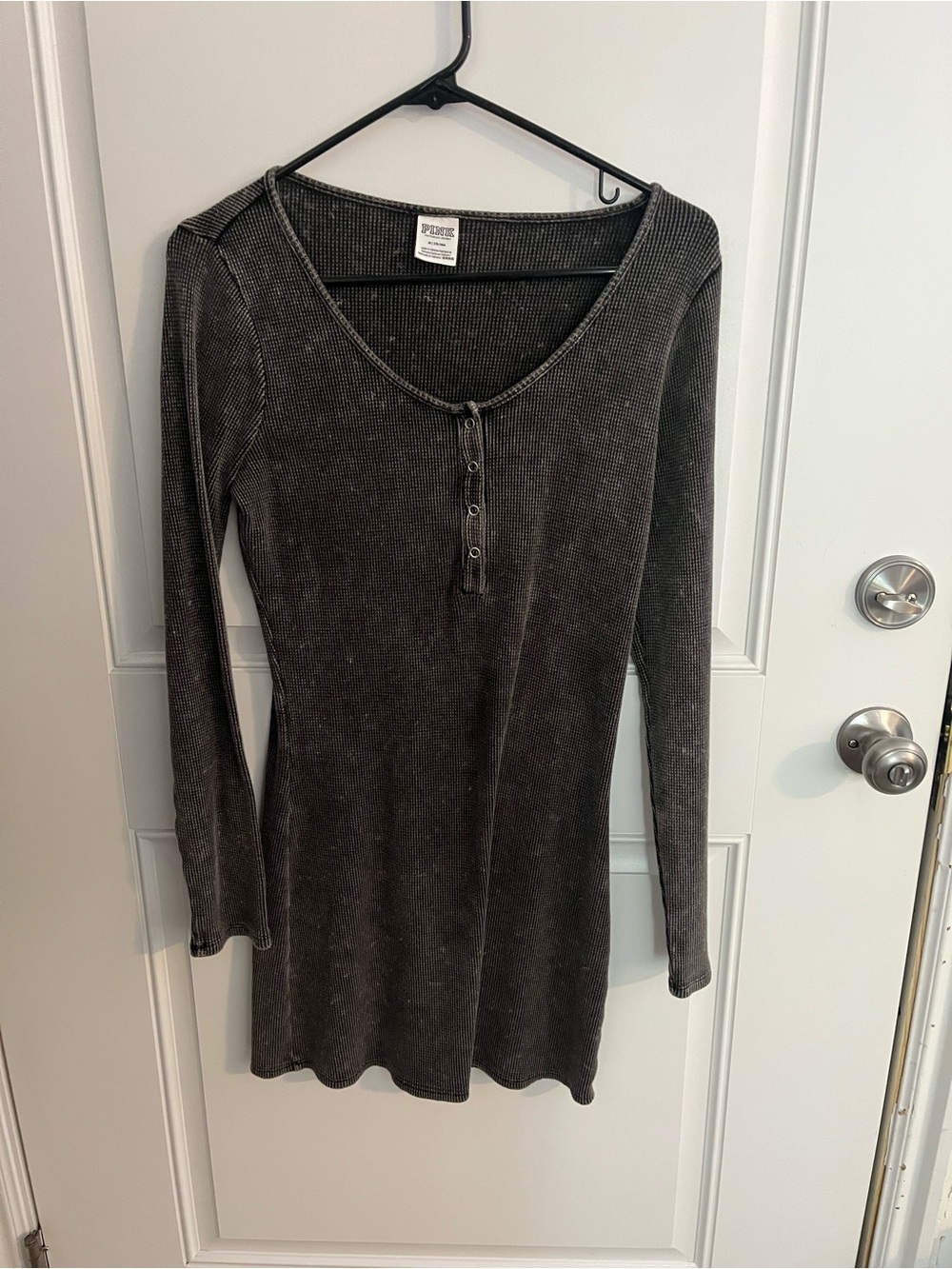 PINK Victoria's Secret Black Waffle-Knit Henley Long Sleeve Dress